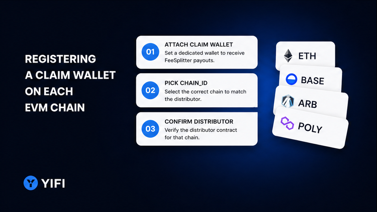 YiFi workflow: register a FeeSplitter claim wallet on each EVM chain with chain cards