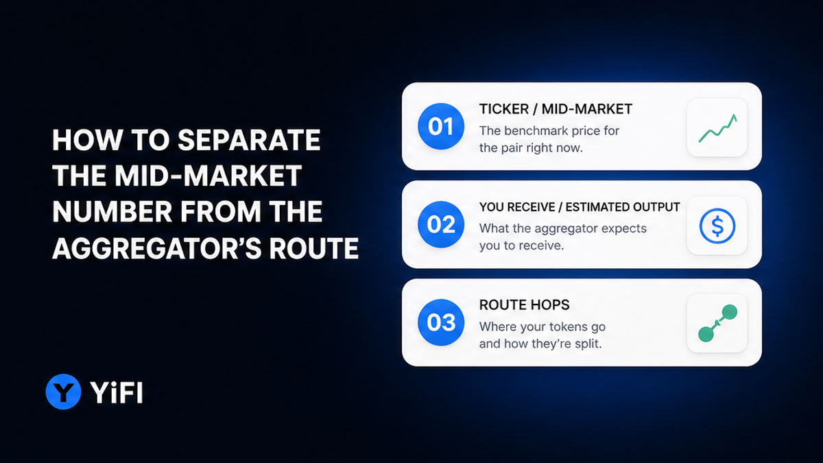 Numbered white step cards showing ticker, estimated output, and aggregator route on a dark navy YiFi panel
