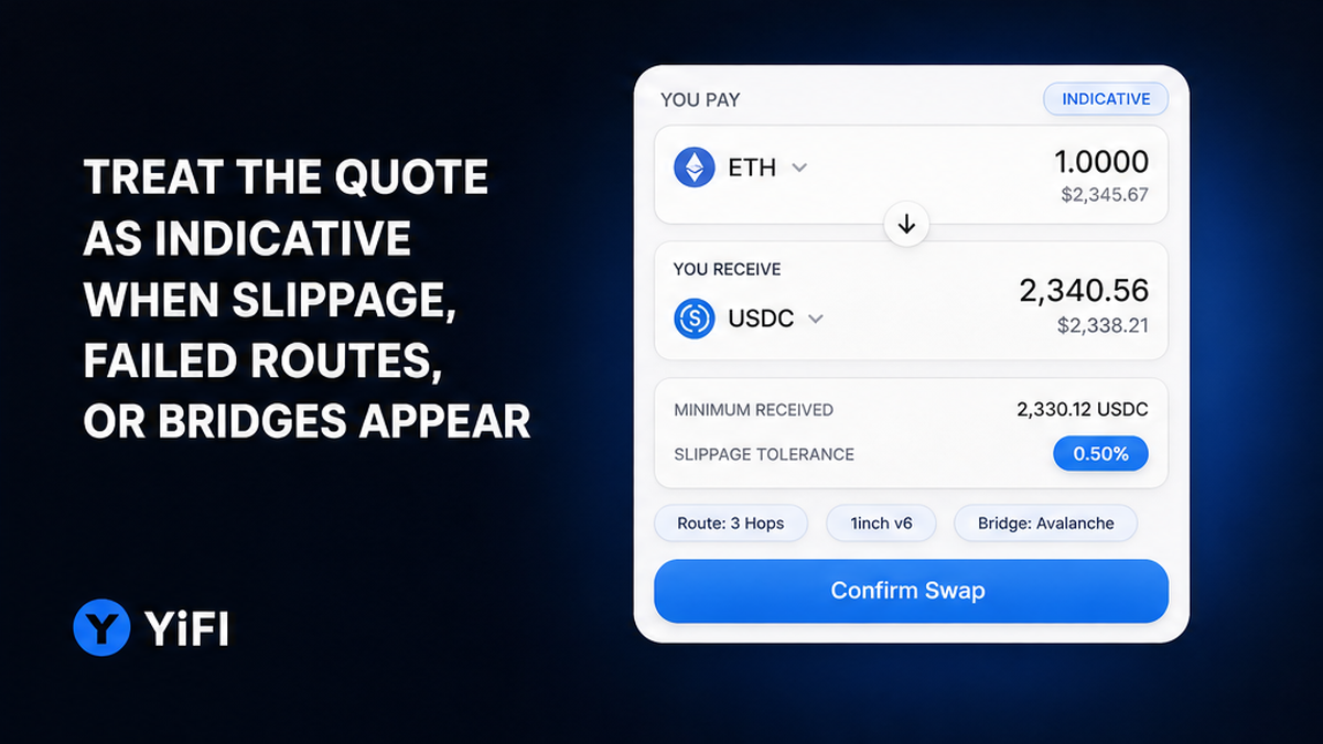 White swap quote widget showing indicative output, minimum received, and slippage on a dark navy YiFi panel