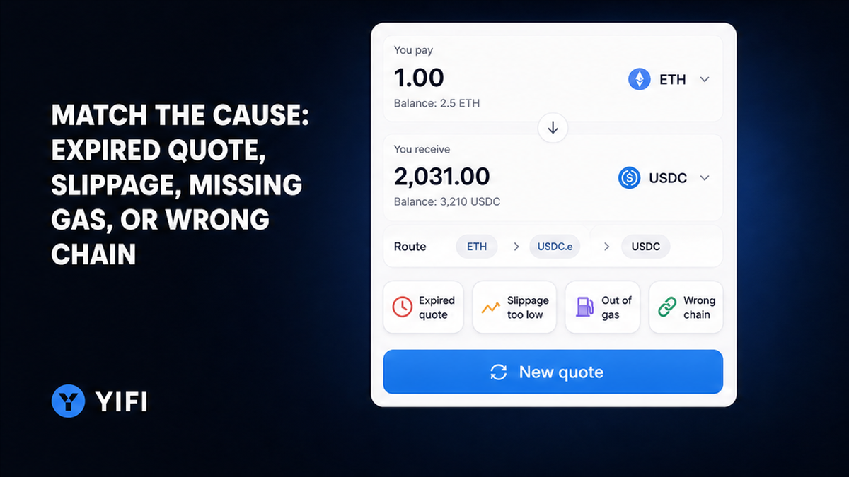 YiFi swap widget with cause chips for expired quote, slippage, missing gas, and wrong chain