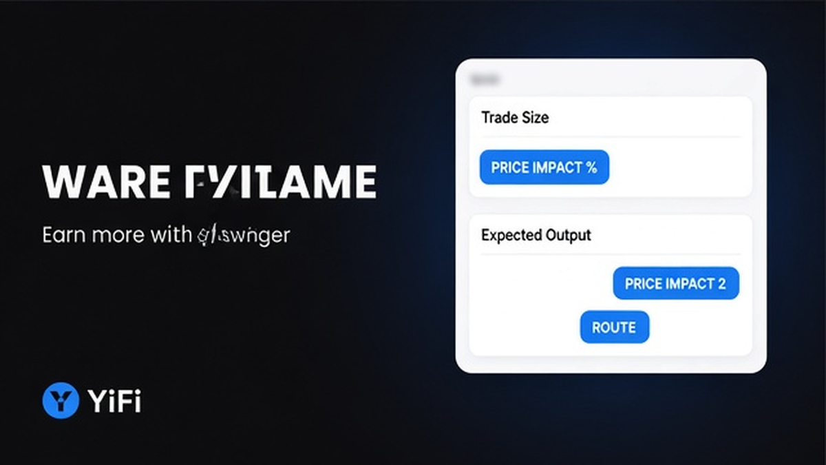 Swap quote mock showing trade size, price impact percent, output, and route hops