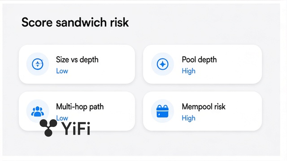 Sandwich risk score chips for size, pool depth, multi-hop path, and mempool exposure