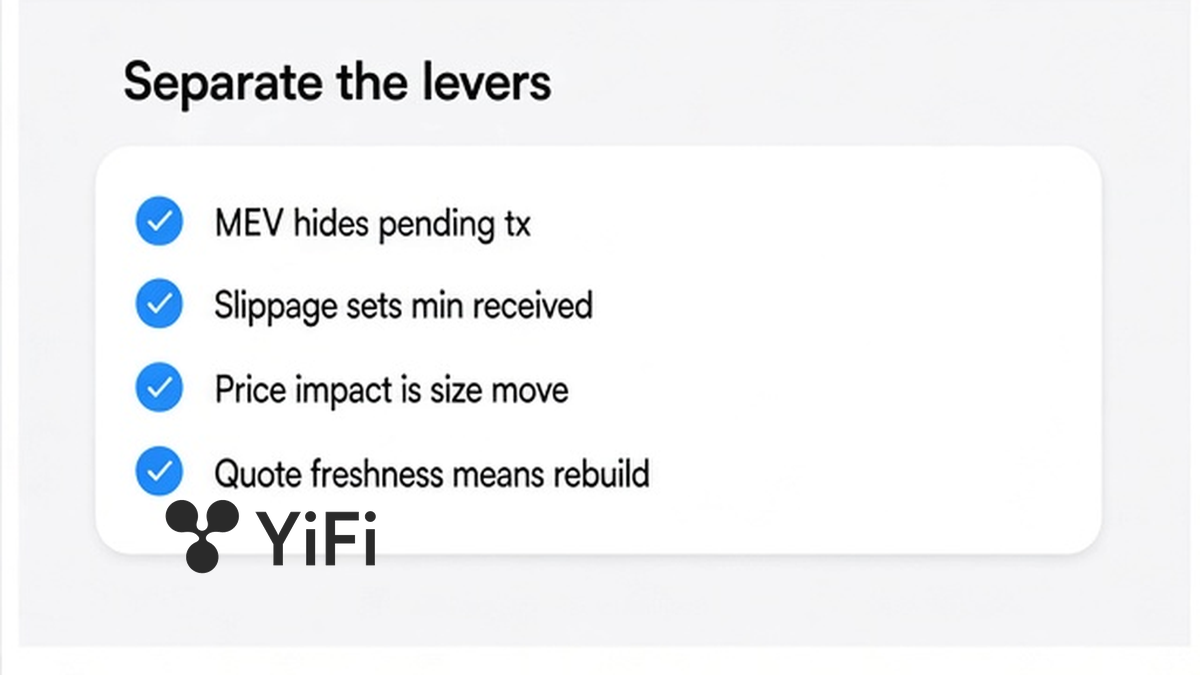 Checklist separating MEV protection from slippage, price impact, and quote freshness