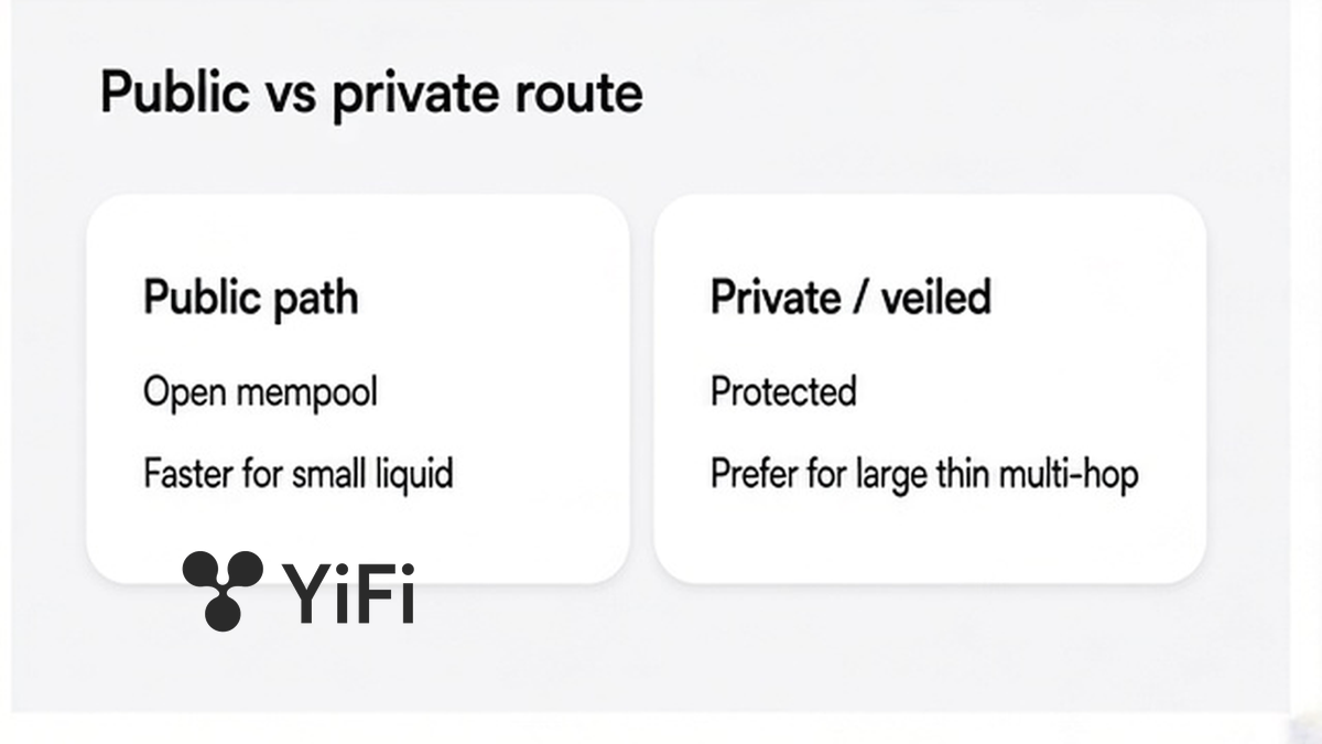 Side-by-side public path versus private or veiled route cards for small liquid pairs