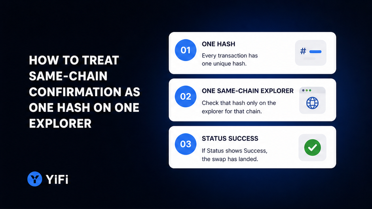 Workflow: one transaction hash on one same-chain explorer to Status Success