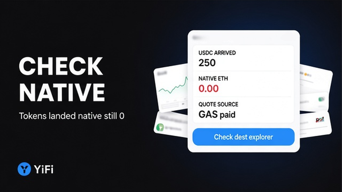 YiFi wallet mock: destination USDC arrived while native ETH balance is still 0.00